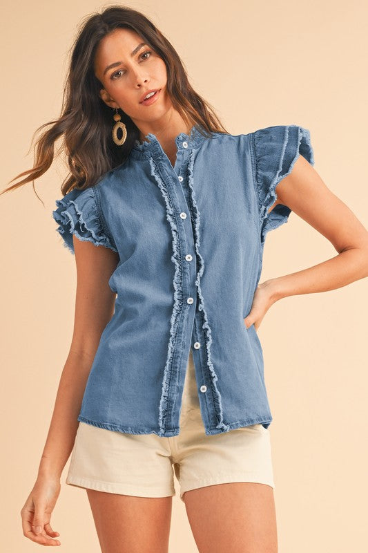 FLUTTER FRAYED DENIM TOP