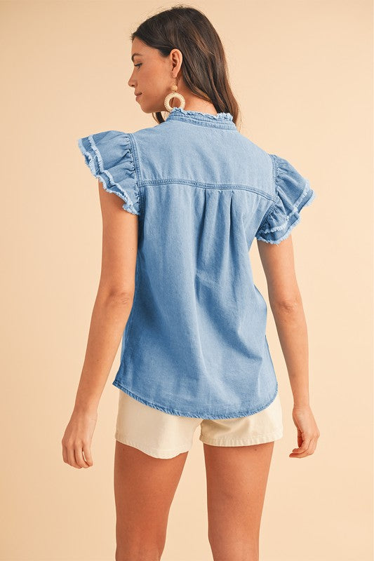 FLUTTER FRAYED DENIM TOP