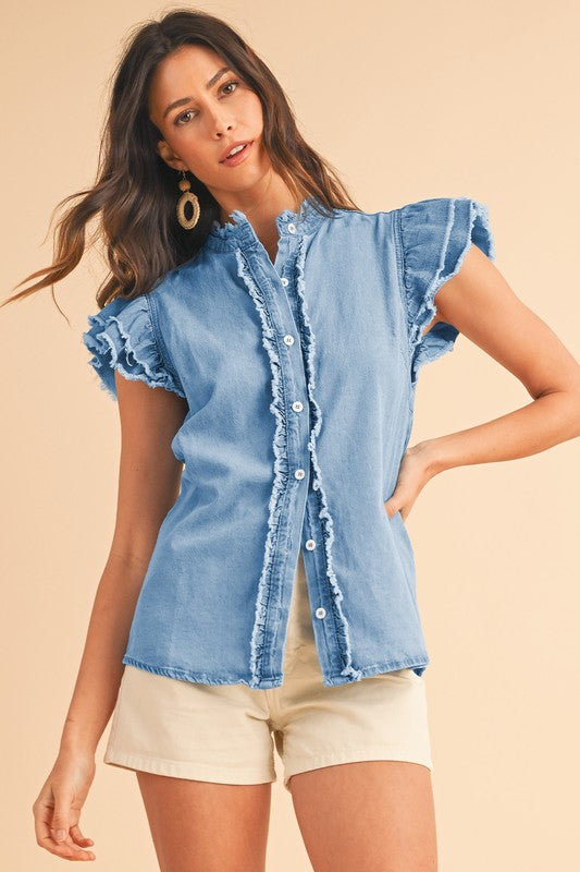 FLUTTER FRAYED DENIM TOP