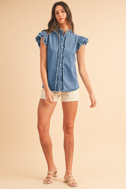 FLUTTER FRAYED DENIM TOP