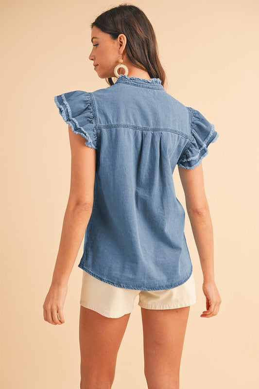 FLUTTER FRAYED DENIM TOP