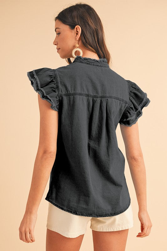 FLUTTER FRAYED DENIM TOP