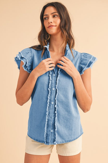 FLUTTER FRAYED DENIM TOP