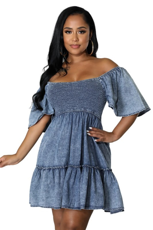 DENIM SMOCKED BABY DOLL DRESS