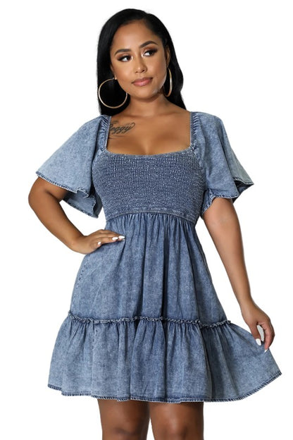 DENIM SMOCKED BABY DOLL DRESS