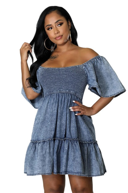 DENIM SMOCKED BABY DOLL DRESS