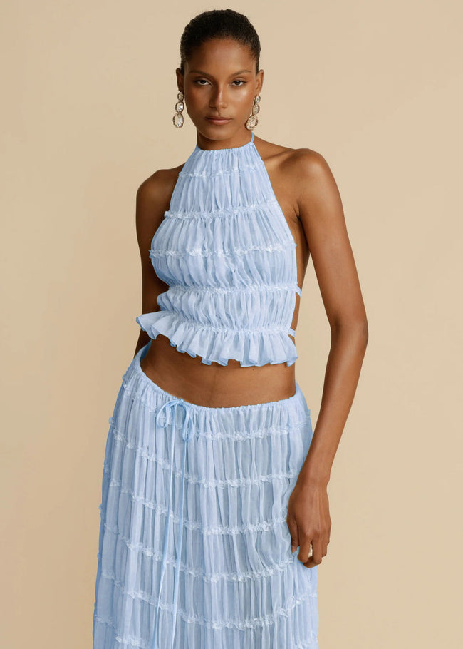 2pcs Women's Dress Suit Sexy Sleeveless Backless Cropped Halter Top And Pleated Long Skirt Beach Clothing Route