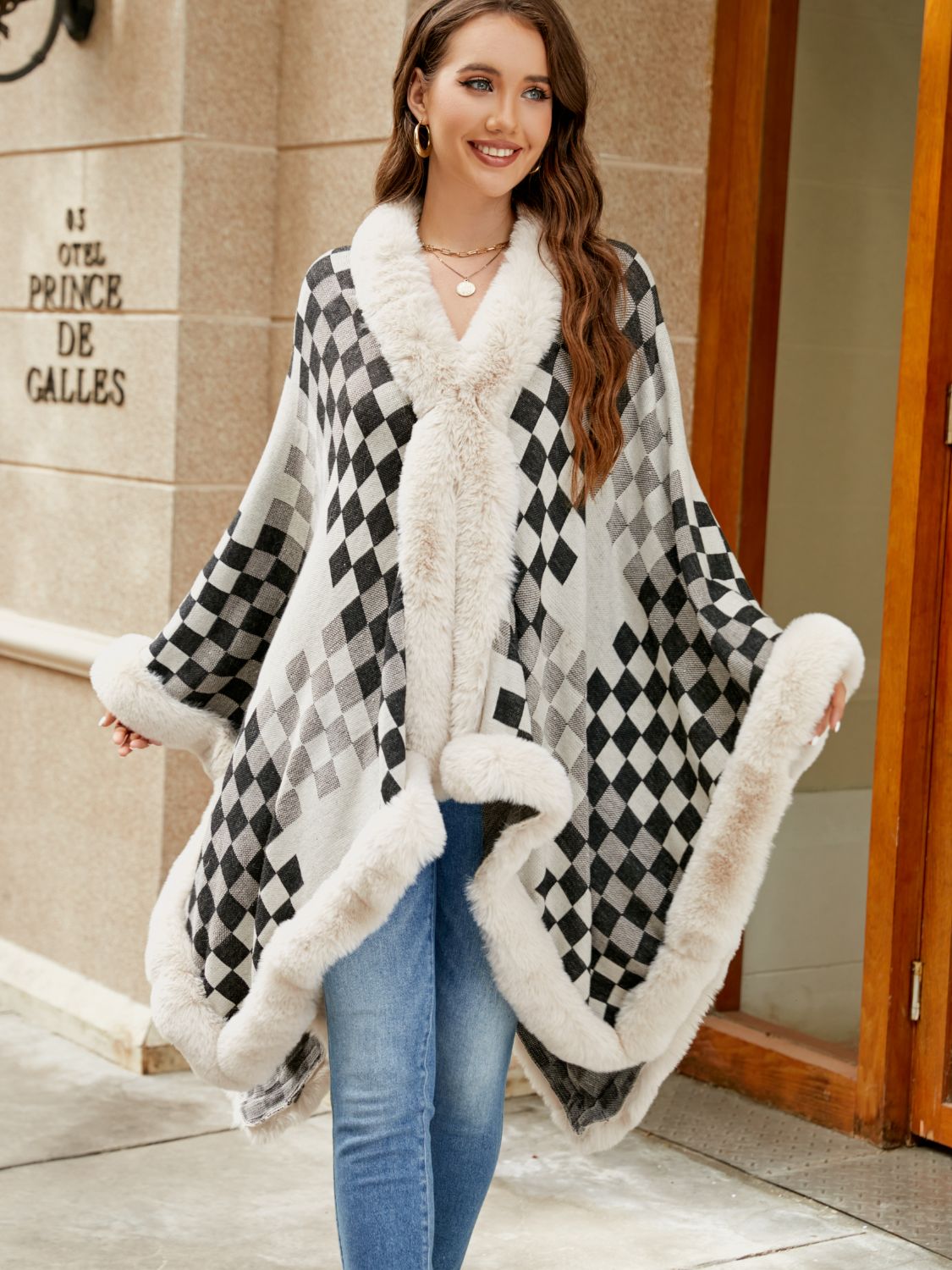 Checkered Faux Fur Trim Poncho Trendsi