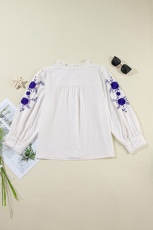 Women Floral Embroidered Bracelet Sleeve Shirt YNIQUE
