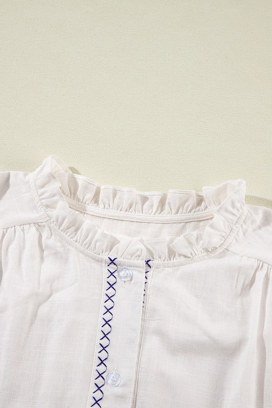 Women Floral Embroidered Bracelet Sleeve Shirt YNIQUE