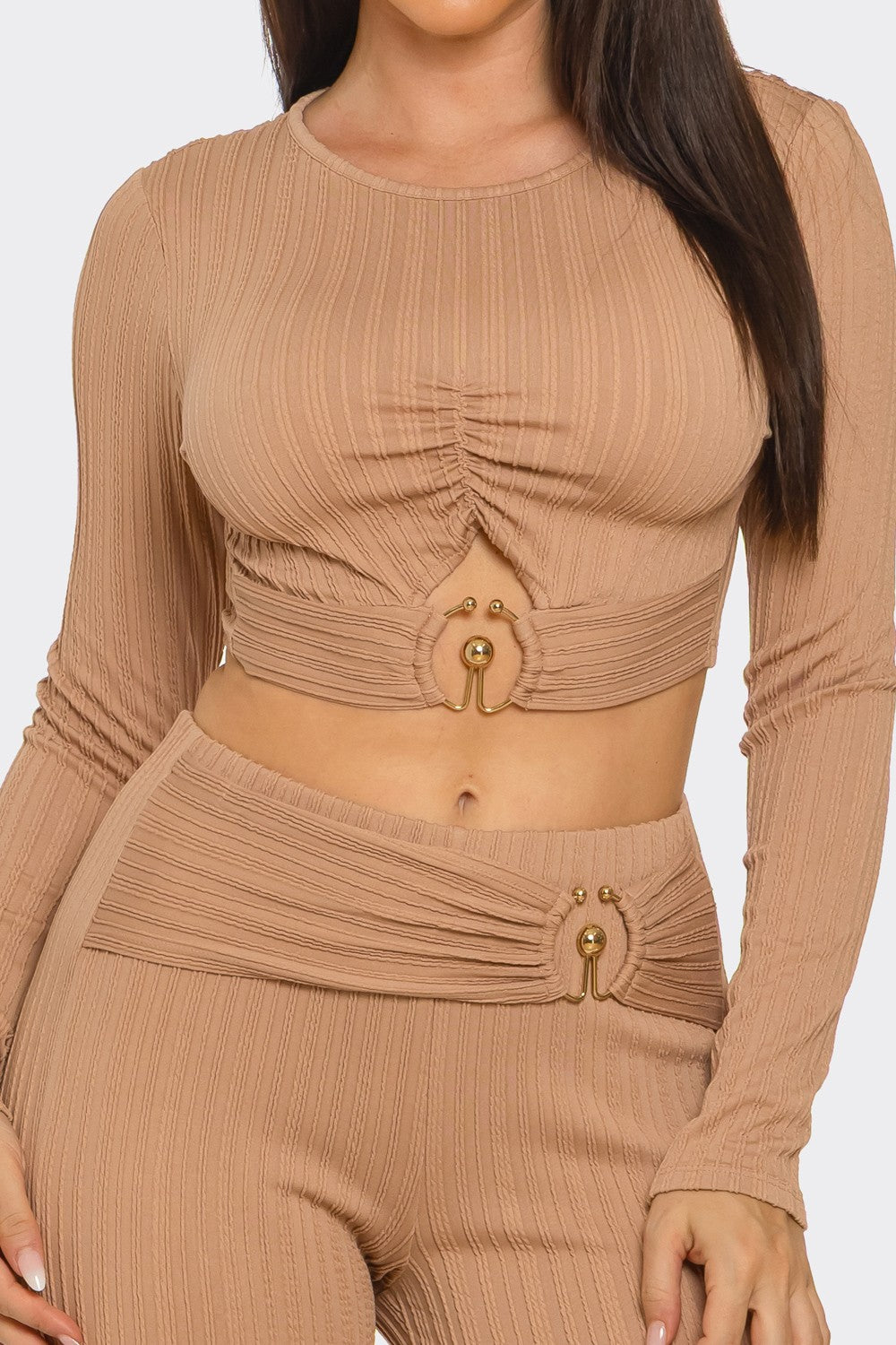 Ribbed Two-Piece Set – Metal Ring Cutout Crop Top & Flare Pants Blaire Shops