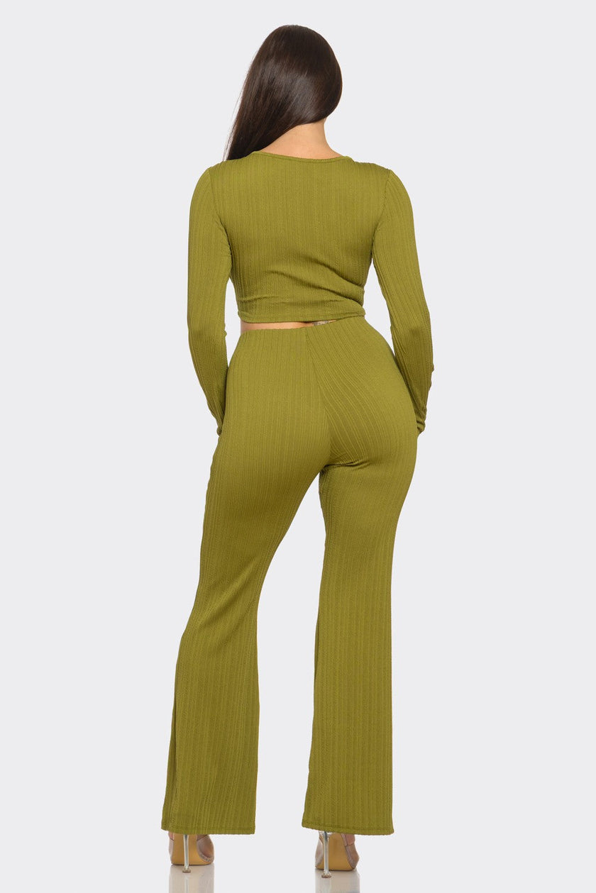 Ribbed Two-Piece Set – Metal Ring Cutout Crop Top & Flare Pants Blaire Shops