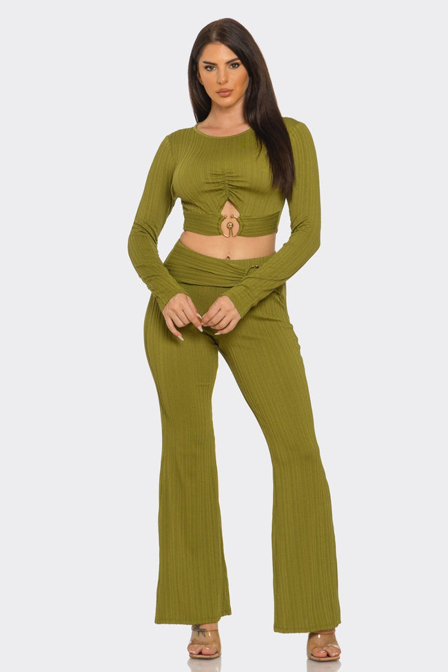 Ribbed Two-Piece Set – Metal Ring Cutout Crop Top & Flare Pants Blaire Shops