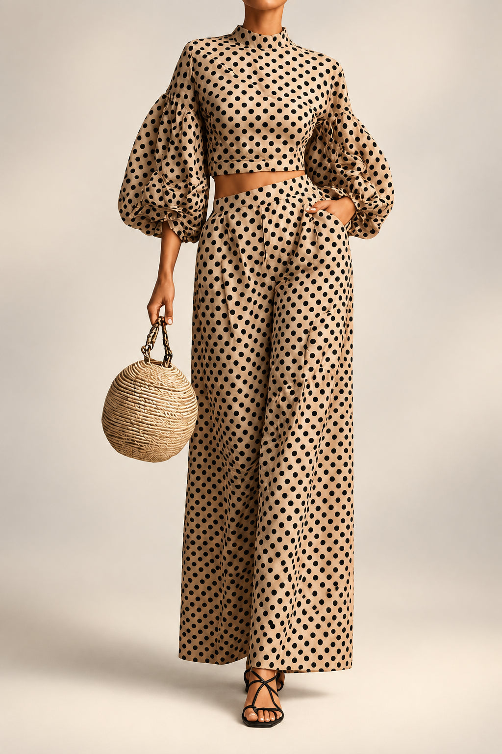 Women's 2-Piece Polka Dot Set – Lantern-Sleeve Mock-Neck Crop Top & High-Waisted Wide-Leg Trouser MERIDGE