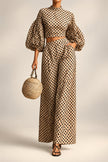 Women's 2-Piece Polka Dot Set – Lantern-Sleeve Mock-Neck Crop Top & High-Waisted Wide-Leg Trouser MERIDGE