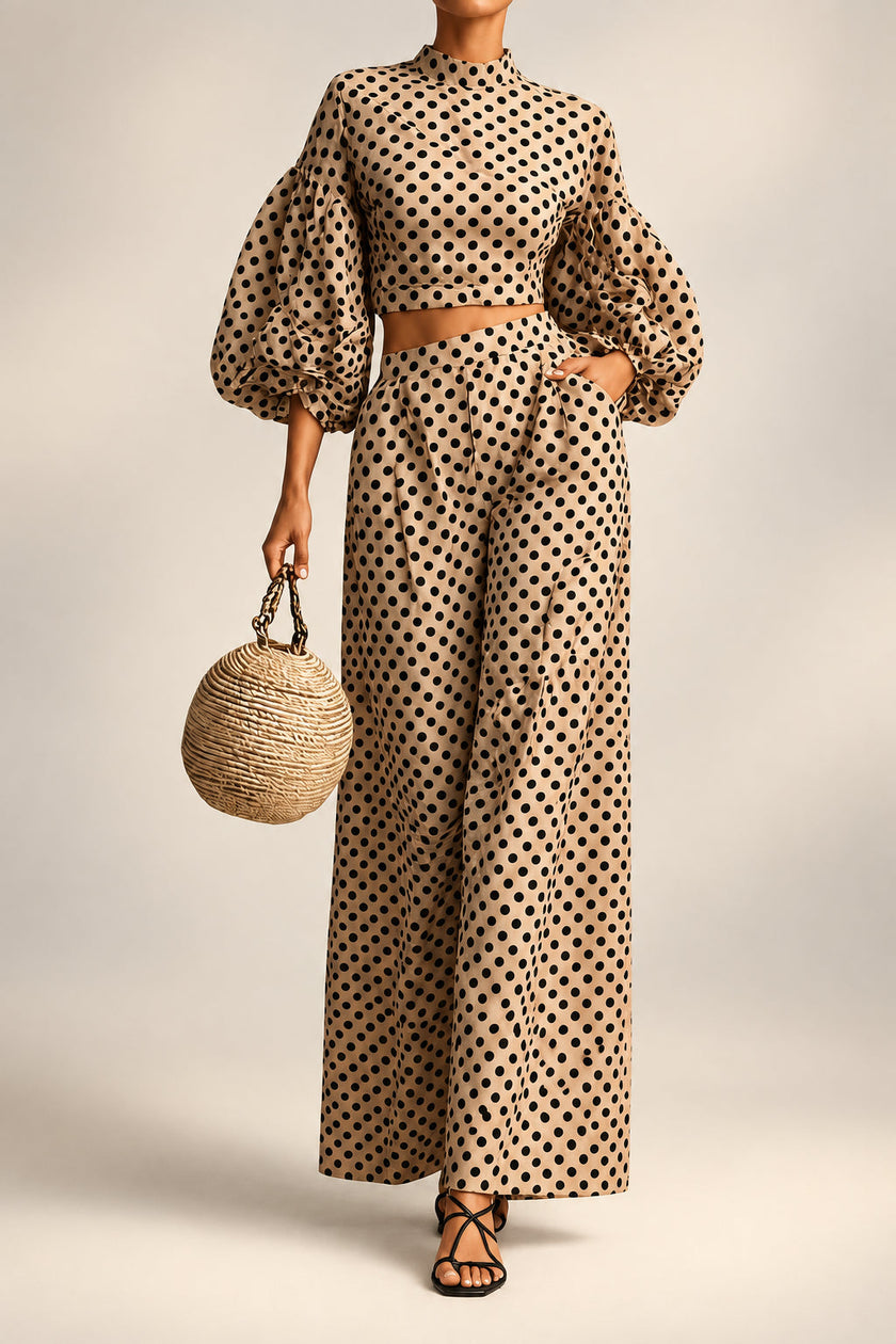 Women's 2-Piece Polka Dot Set – Lantern-Sleeve Mock-Neck Crop Top & High-Waisted Wide-Leg Trouser MERIDGE