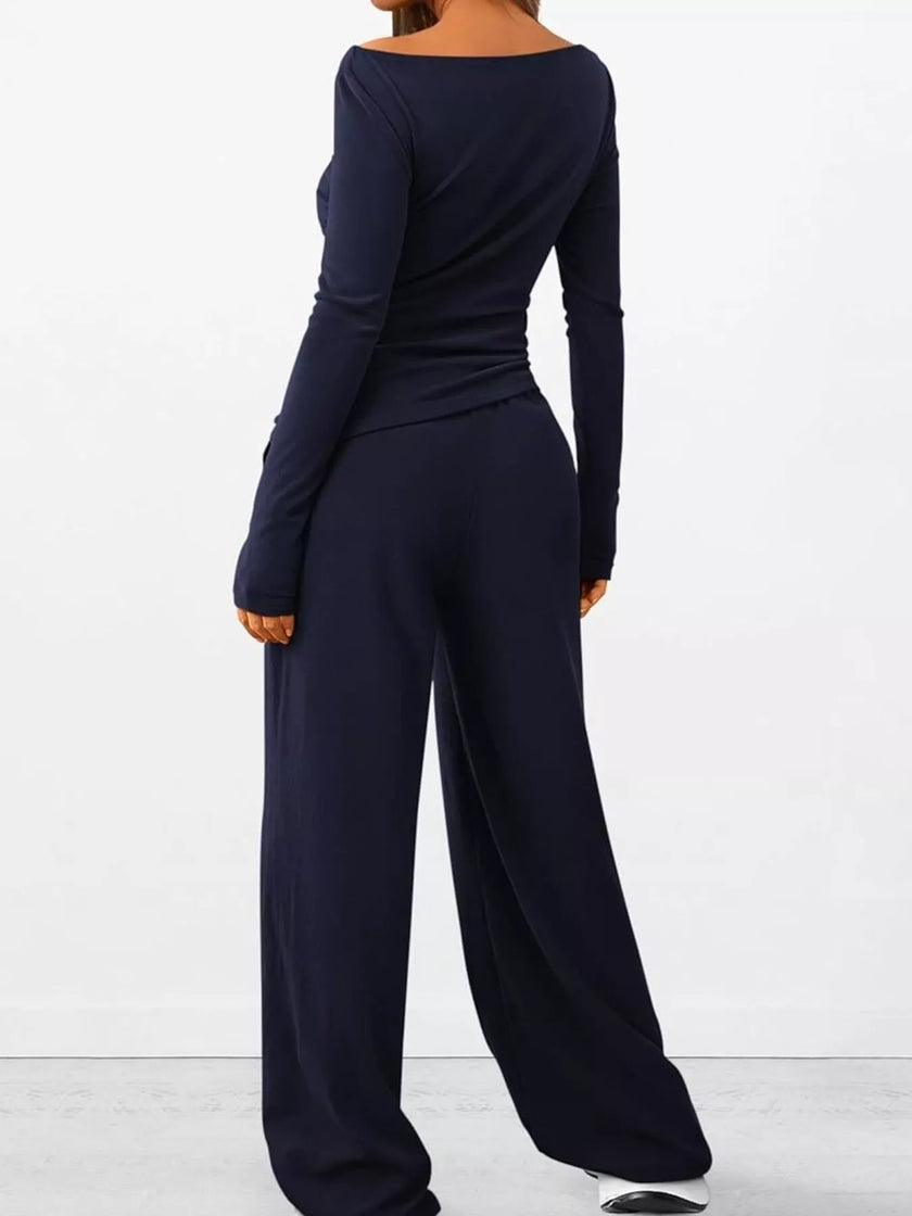 Long Sleeve Top and Wide Leg Pants Set Simply Love