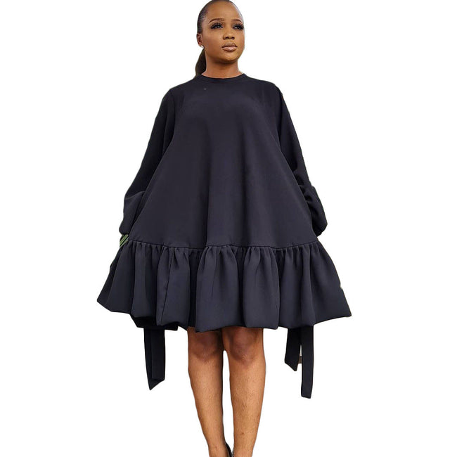 Women's Loose Solid Color Puff Sleeve Dress YNIQUE