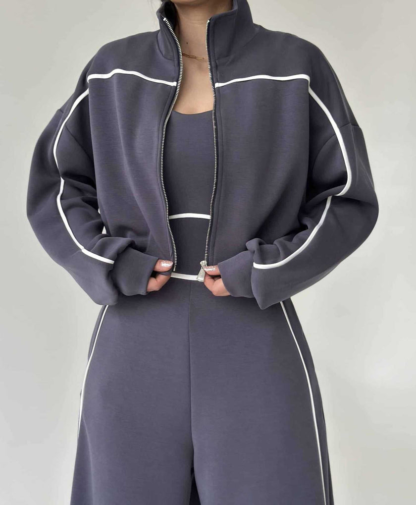 Women's Contrast-Piped Wide-Leg Jumpsuit & Cropped Zip Jacket Set MERIDGE