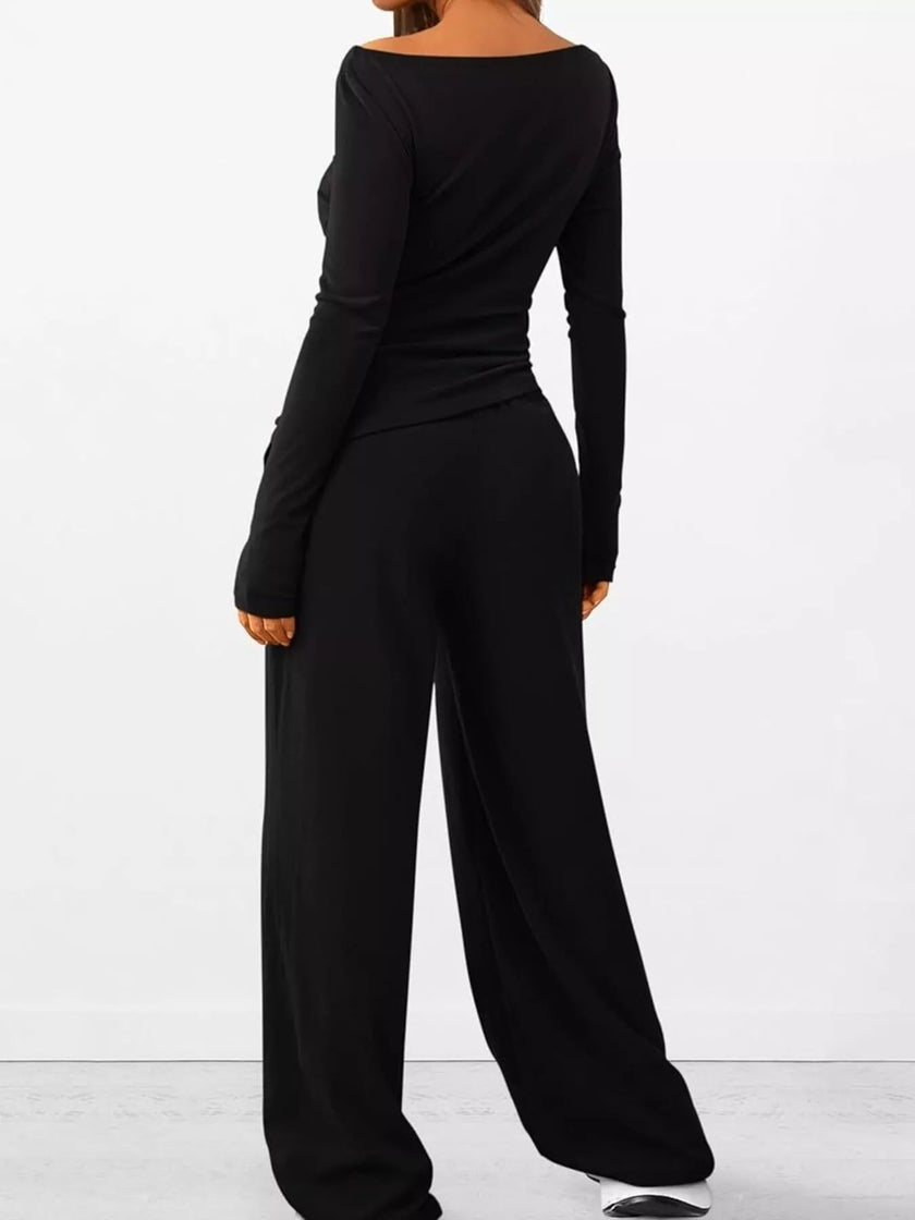 Long Sleeve Top and Wide Leg Pants Set Simply Love