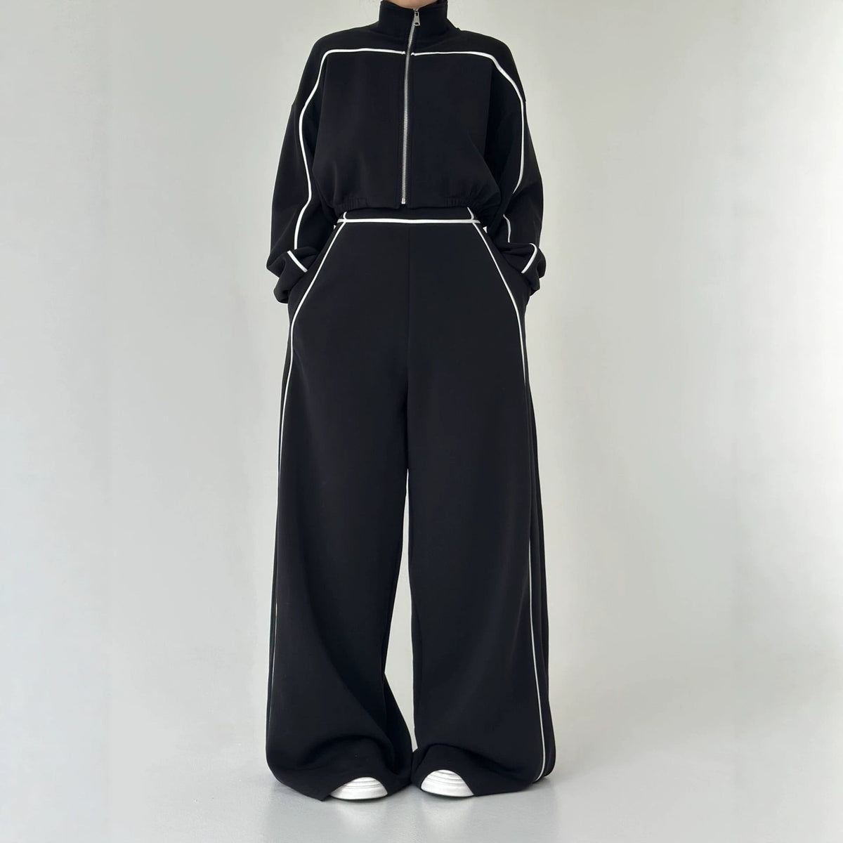 Women's Contrast-Piped Wide-Leg Jumpsuit & Cropped Zip Jacket Set MERIDGE
