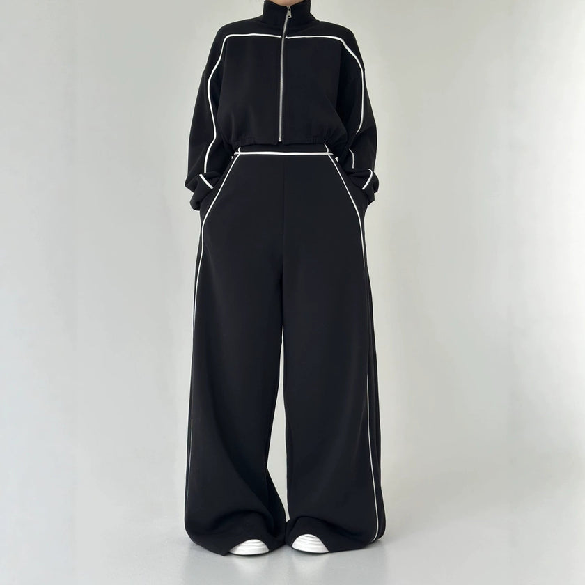 Women's Contrast-Piped Wide-Leg Jumpsuit & Cropped Zip Jacket Set MERIDGE