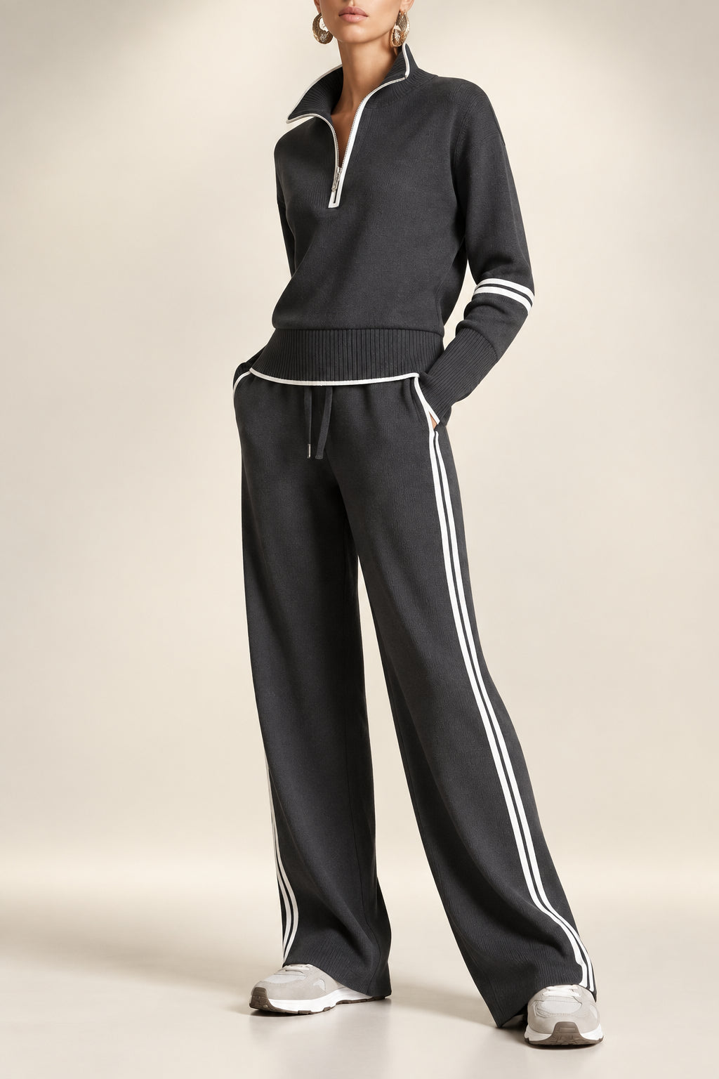 Women's Half-Zip Striped Sweatshirt & Wide-Leg Pants Set MERIDGE