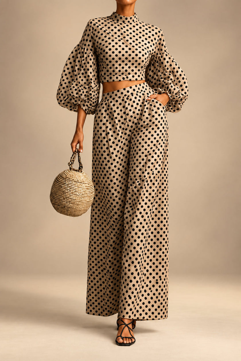 Women's 2-Piece Polka Dot Set – Lantern-Sleeve Mock-Neck Crop Top & High-Waisted Wide-Leg Trouser MERIDGE