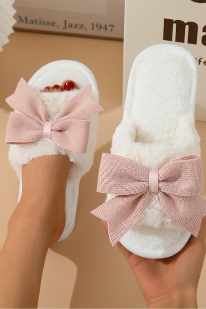 White Bow Knot Decor Open Toe Plush Slippers YNIQUE