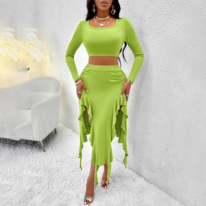 Women's Long Sleeve Round Neck Pleated Dress Suit - Solid Color Elegant Ruffle Outfit WARE RARE JUSA