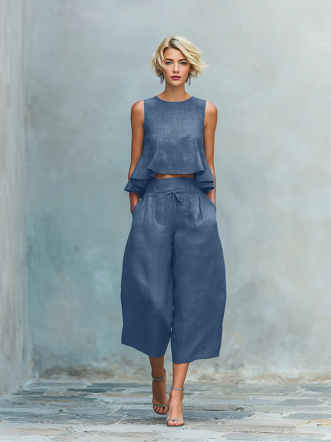 Womens Linen-blend Two-piece Set With Ruffled Detailing Route