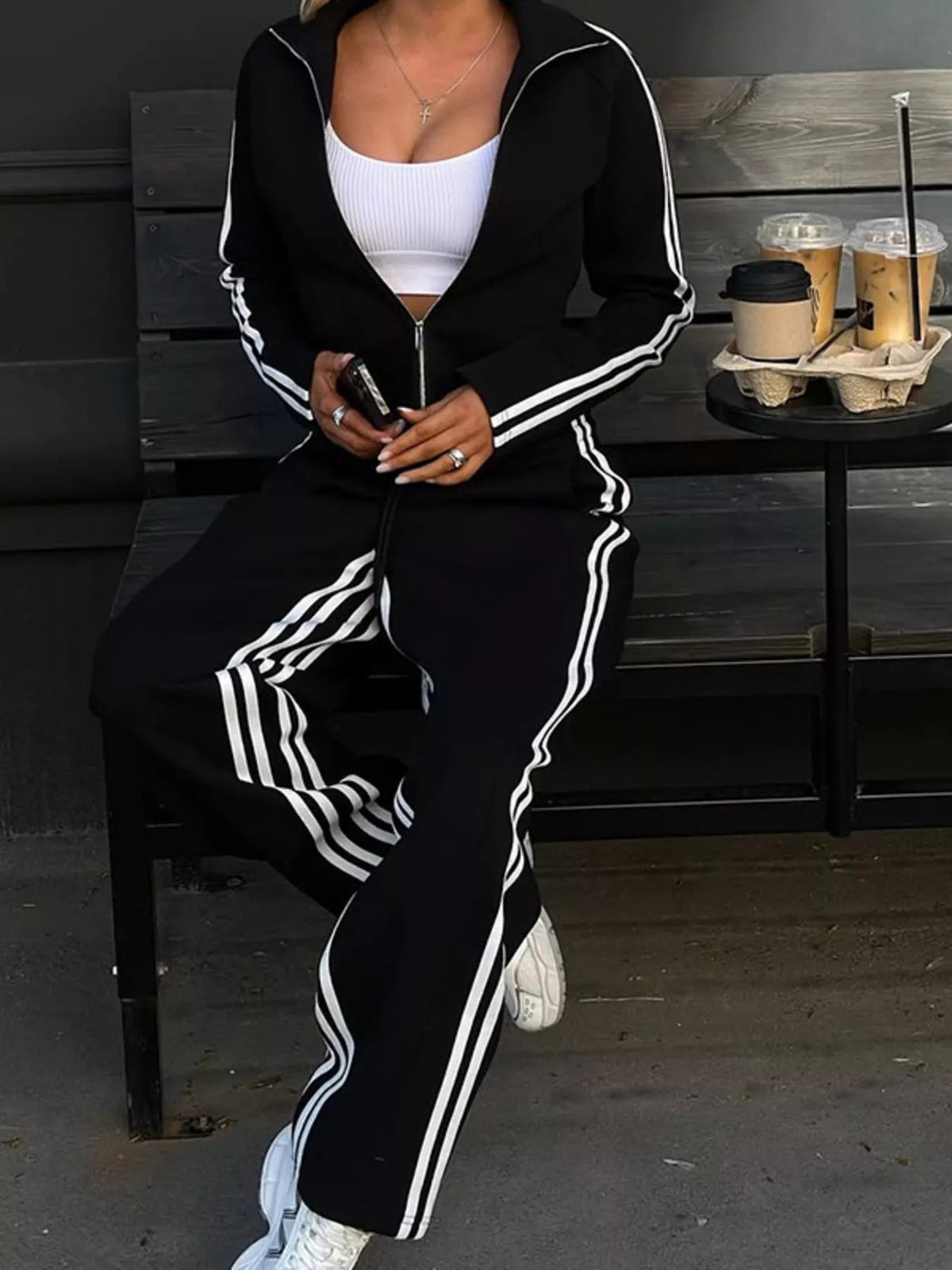 Striped Zip Up Top and Pants Set Simply Love