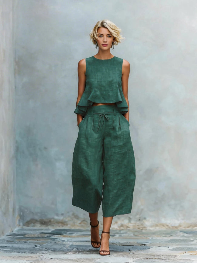 Womens Linen-blend Two-piece Set With Ruffled Detailing Route