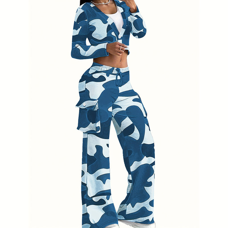 Women's Camouflage Print 2-Piece Set, V-Neck Single Button Crop Top & Drawstring Cargo Pants For Spring Fall YNIQUE
