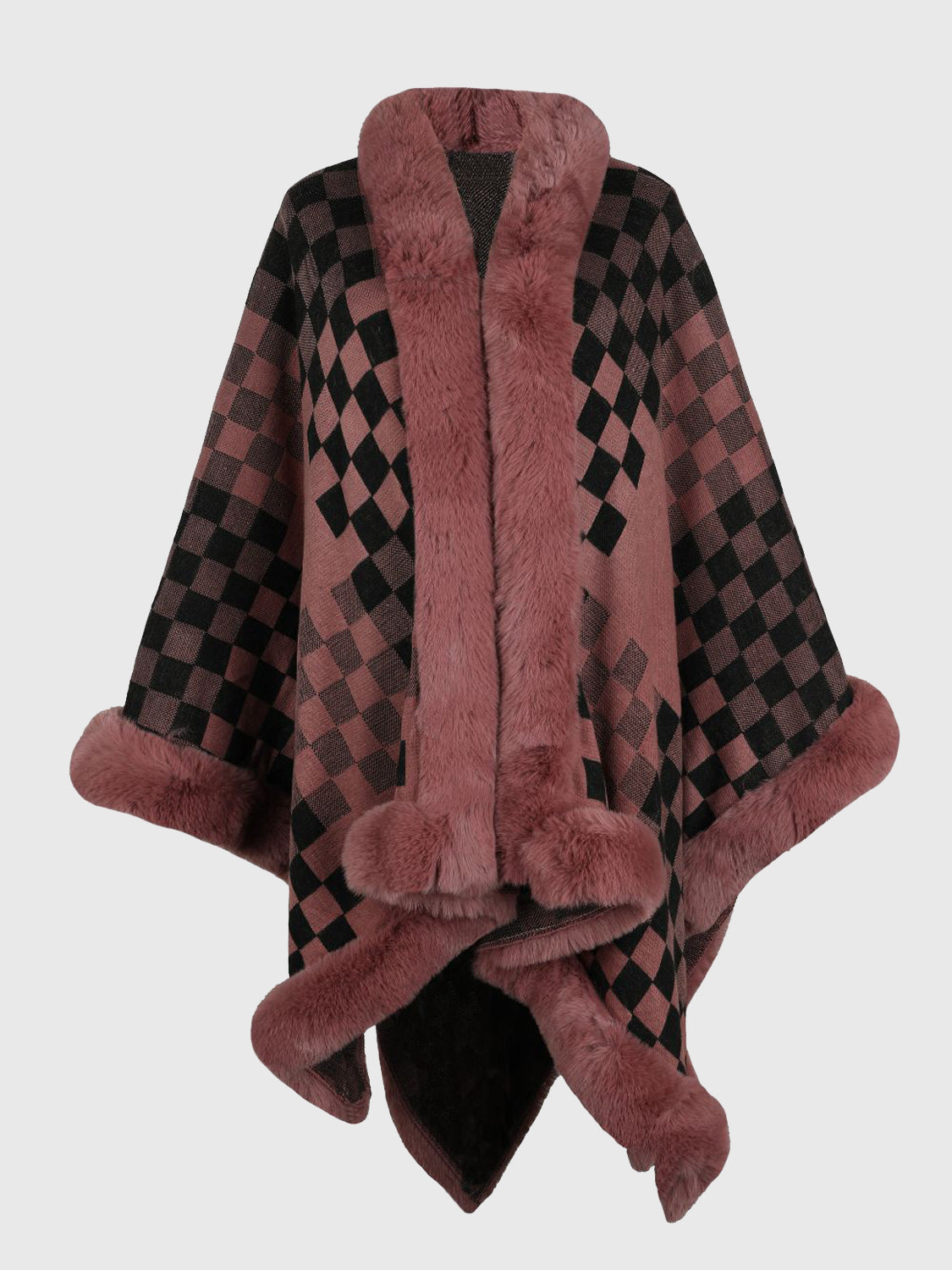 Checkered Faux Fur Trim Poncho Trendsi