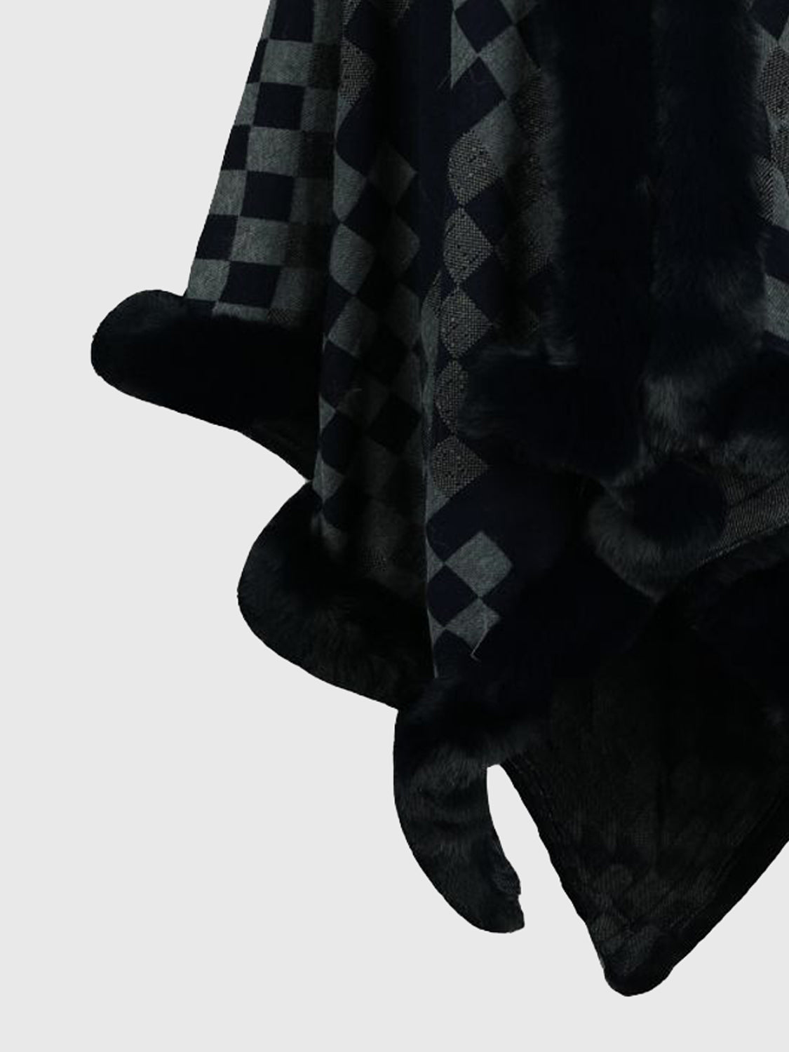 Checkered Faux Fur Trim Poncho Trendsi