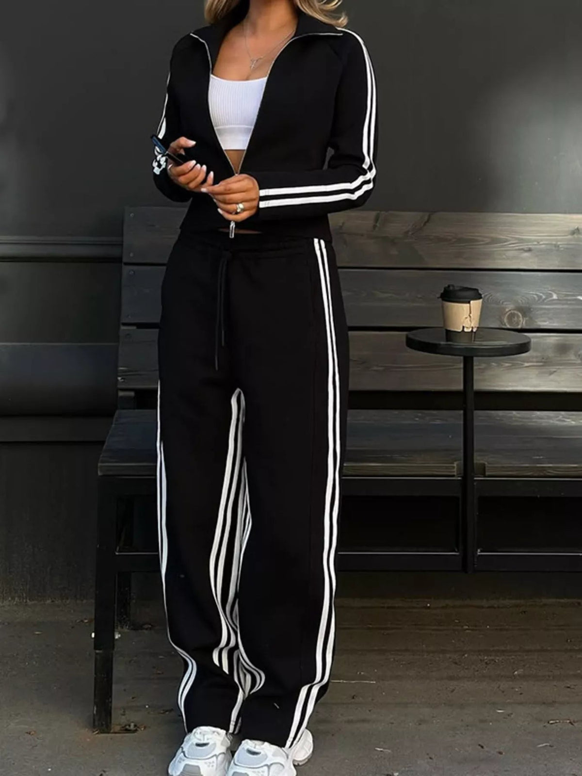 Striped Zip Up Top and Pants Set Simply Love