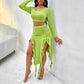 Women's Long Sleeve Round Neck Pleated Dress Suit - Solid Color Elegant Ruffle Outfit WARE RARE JUSA