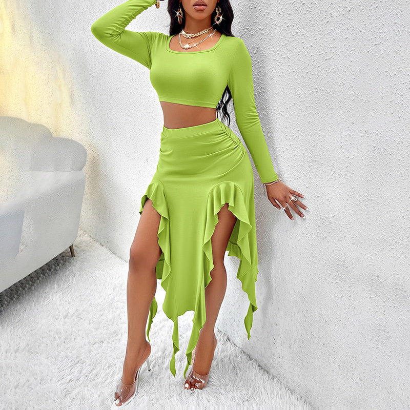 Women's Long Sleeve Round Neck Pleated Dress Suit - Solid Color Elegant Ruffle Outfit WARE RARE JUSA