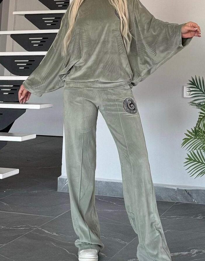 Velvet Solid Color Crew-neck Batwing Sleeve Casual Two-piece Suit Women's Clothing YNIQUE