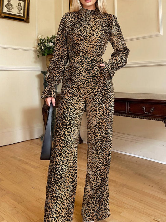 Leopard Flounce Sleeve Wide Leg Jumpsuit Trendsi