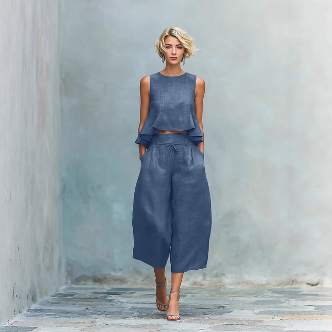 Womens Linen-blend Two-piece Set With Ruffled Detailing Route