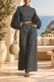 Women's 2-Piece Polka Dot Set – Lantern-Sleeve Mock-Neck Crop Top & High-Waisted Wide-Leg Trouser MERIDGE
