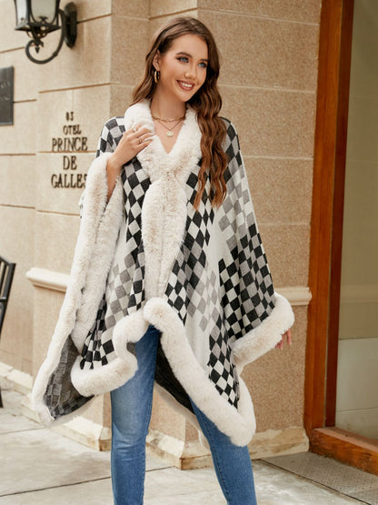 Checkered Faux Fur Trim Poncho Trendsi