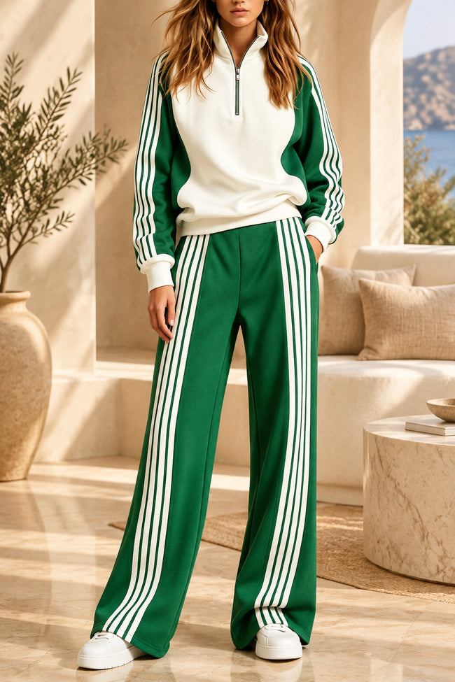 Women's Three-Stripe Colour-Block Half-Zip Sweatshirt & Wide-Leg Track Trouser Set MERIDGE