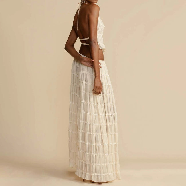 2pcs Women's Dress Suit Sexy Sleeveless Backless Cropped Halter Top And Pleated Long Skirt Beach Clothing Route
