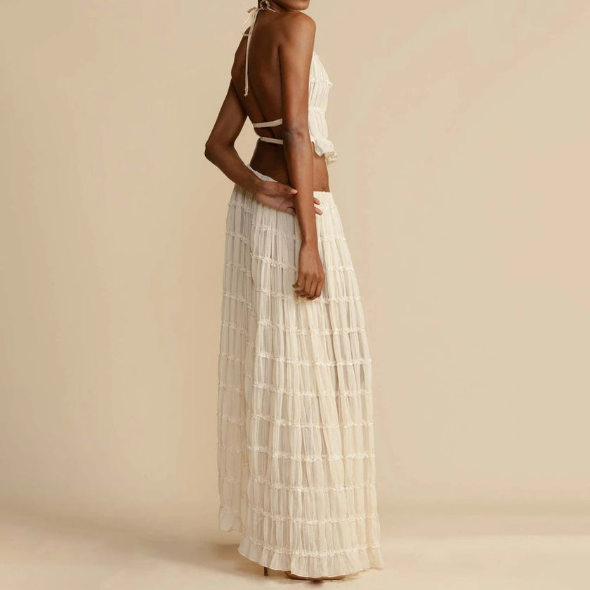 2pcs Women's Dress Suit Sexy Sleeveless Backless Cropped Halter Top And Pleated Long Skirt Beach Clothing Route