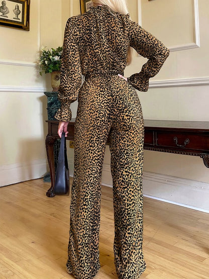 Leopard Flounce Sleeve Wide Leg Jumpsuit Trendsi