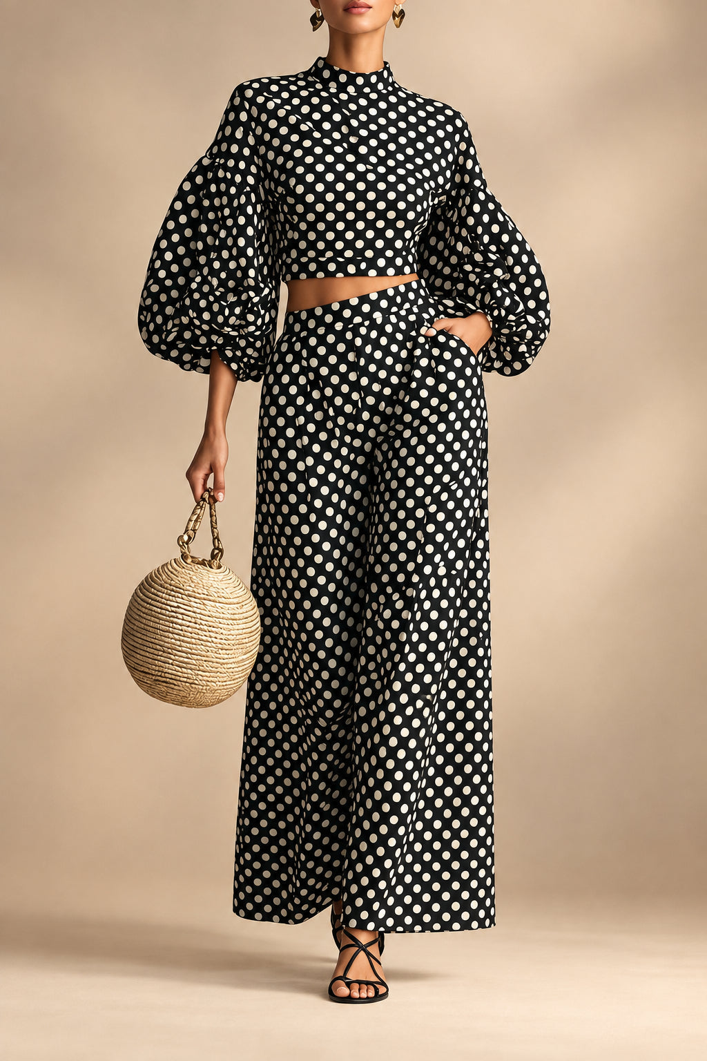 Women's 2-Piece Polka Dot Set – Lantern-Sleeve Mock-Neck Crop Top & High-Waisted Wide-Leg Trouser MERIDGE