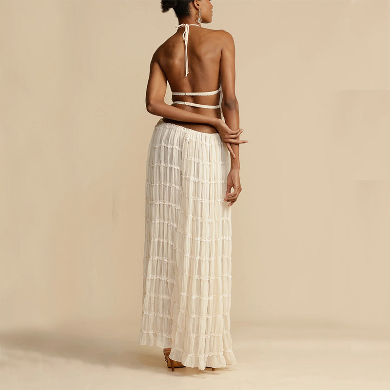 2pcs Women's Dress Suit Sexy Sleeveless Backless Cropped Halter Top And Pleated Long Skirt Beach Clothing Route